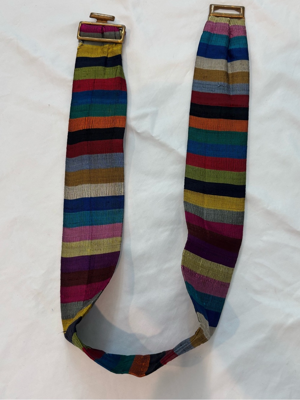 Vintage SWANK Multicolor Striped Silk Belt with Metal Buckles